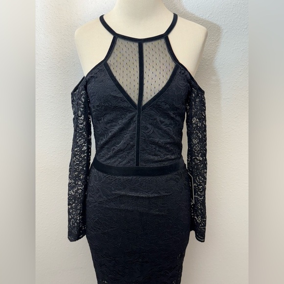 EXPRESS Lace Velvet Piped Cold Shoulder Sheath Dress BLACK Size 0 - Picture 6 of 10